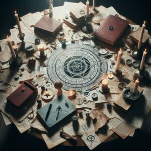 魔法陣の紙が散乱している様子