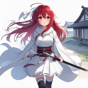 髪の毛が赤い白人の女の子の剣士の剣術の練習